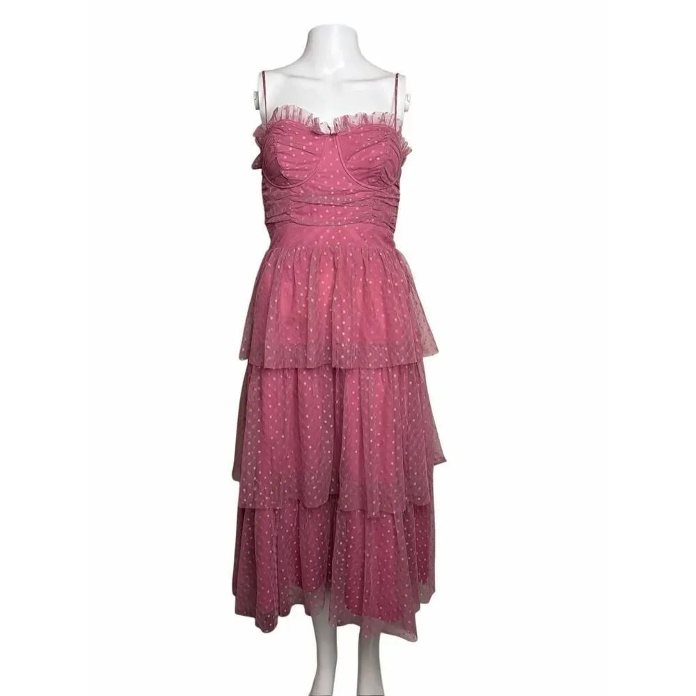 Lulus Pink Polka Dot Tiered Tulle Midi Dress XS